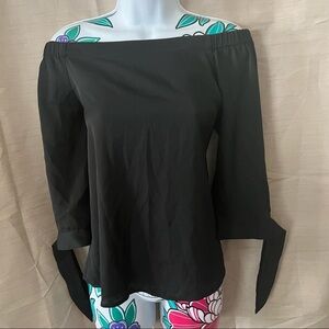 White House Black Market Black Off Shoulder Tie Sleeve Blouse